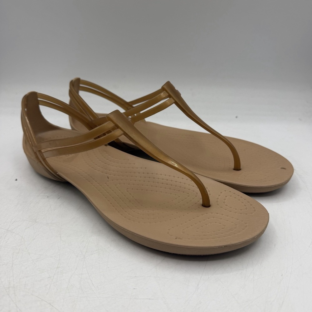 Crocs Isabella T-Strap Sandals Womens Sz 8 Tan Gold Thong Slip On Comfort 202467